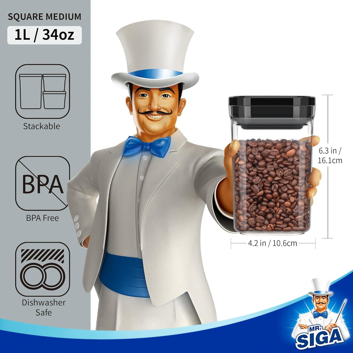 MR.SIGA 4 Pack Airtight Food Storage Container Set, BPA Free Kitchen Pantry Organization Canisters, One-handed Airtight Cereal Snack Candy Storage Containers, 1 L / 34oz, Medium, Black