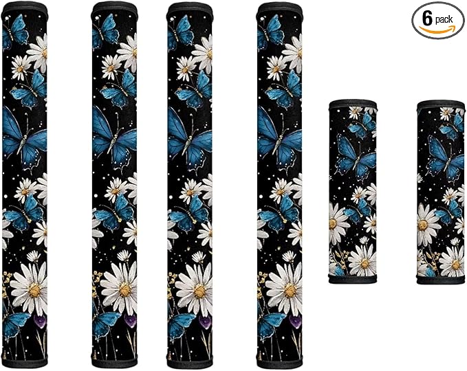 6 PCS Refrigerator Oven Door Handle Covers Anti-Skid Fridge Microwave Dishwasher Door Cloth Protector Keep Electric Appliances Clean Home Decoration Accessories, Daisy Blue Butterfly Black