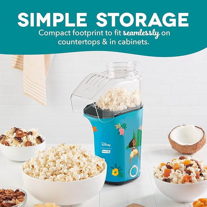 Disney Dash Fresh Pop Popcorn Maker - Oil-Free, Air Popcorn Popper - With Measuring Cup & Recipe Guide - Perfect for Movie Nights - 16 Cups, Moana