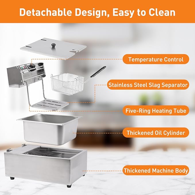 Electric Deep Fryer – 6L Large Capacity Deep Fryer with Detachable Basket, Adjustable Temperature Control, 1600W Stainless Steel Commercial Fryer for Restaurant & Home – Perfect for Chicken, Fries