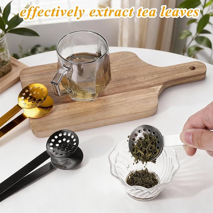 3 Pcs Tea Bag Squeezer Tongs, Stainless Steel Teabag Strainer Dispenser Tea Filter Spoon Clamp Dispenser Accessories for Gripping Teabags Ice Sugar Lemon Slice (Black, Silver, Gold)