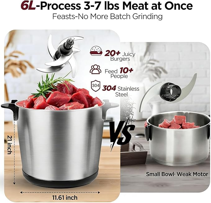 Electric Large Food Processor,6L Meat Grinder Stainless Steel for Home, Heavy-Duty Meat Blender Mincer with 2 Speed& 6 Blades,1200W Electric Food Grinder Chopper for Meat,Game,Hunt & Meal Prep