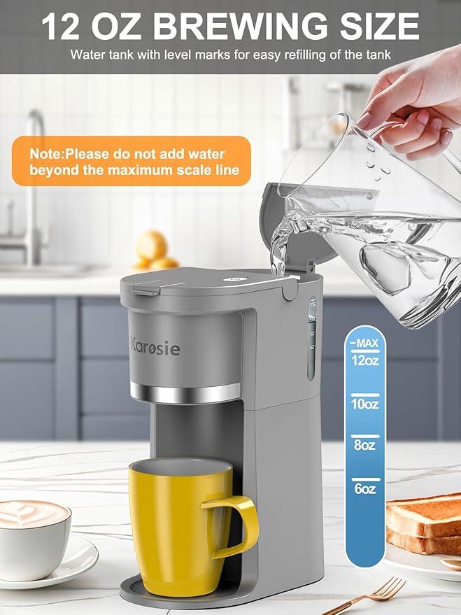 Small Single Serve Coffee Maker, Fast Brew for K-Cup & Ground Coffee, 6-12 Oz Brew Sizes, One-Button Single Cup Coffee Maker, Coffee Machine with Descaling Reminder,Grey, 9.45 Inches