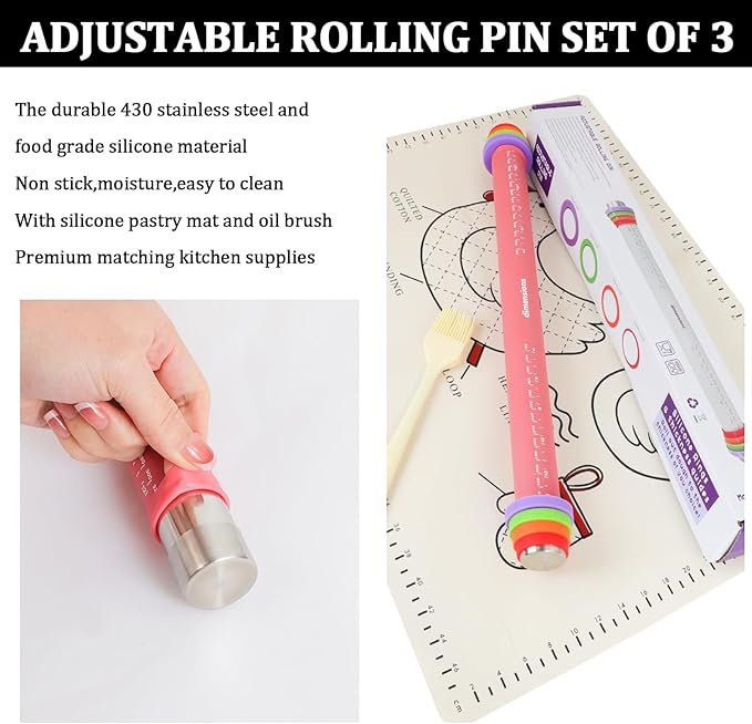 3Pcs Adjustable Rolling Pin Sets with Thickness Rings for Baking,Pastry Dough Roller with Silicone Mat and Brush,Non Stick Silicone Rolling Pin for Dough Cookie Baking Supplies Kitchen Accessories