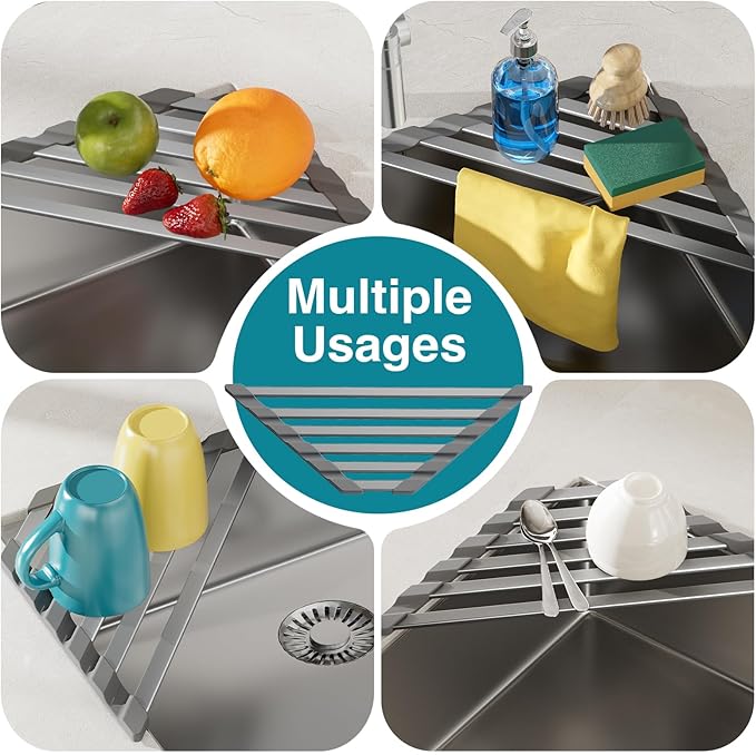 COOL-ANGLE Corner Sink Drying Rack, 16"x9.5" Rust-Proof Aluminum Triangular Dish Drainer, Heat Resistant Roll Up Mat for Kitchen Counter, Sponge Holder & Organizer with Non-Slip Silicone Base, Gray