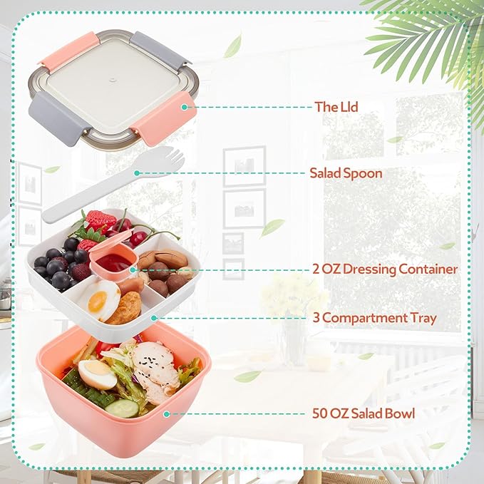 Tessco for you 6 Pcs Salad Lunch Container 50 oz Salad Container with 3 Compartment Reusable Bento Box for Adults Stackable Lunch Bowl for Meal Snack Fruit (Pink,Green)