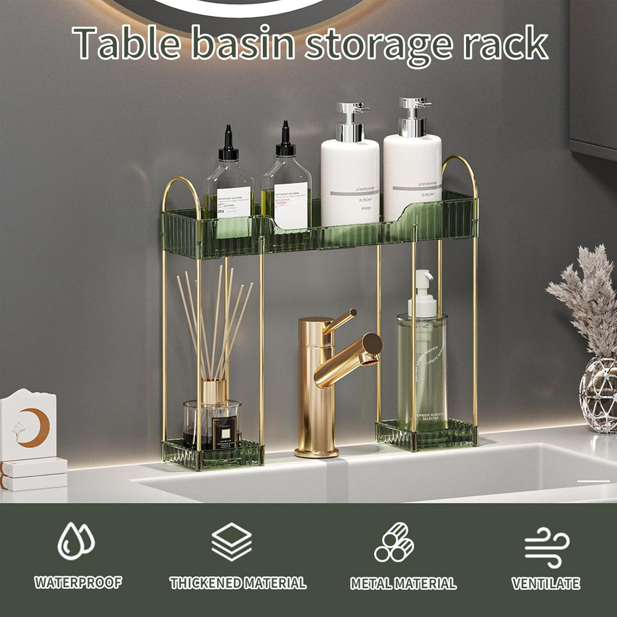 Makeup Organizer for Vanity,2-Tier Bathroom Sink Organizers Shelf Over Faucet Countertop Organizer Rack with Green Plastic Trays,n-Shaped Sink Storage for Bathroom Dresser