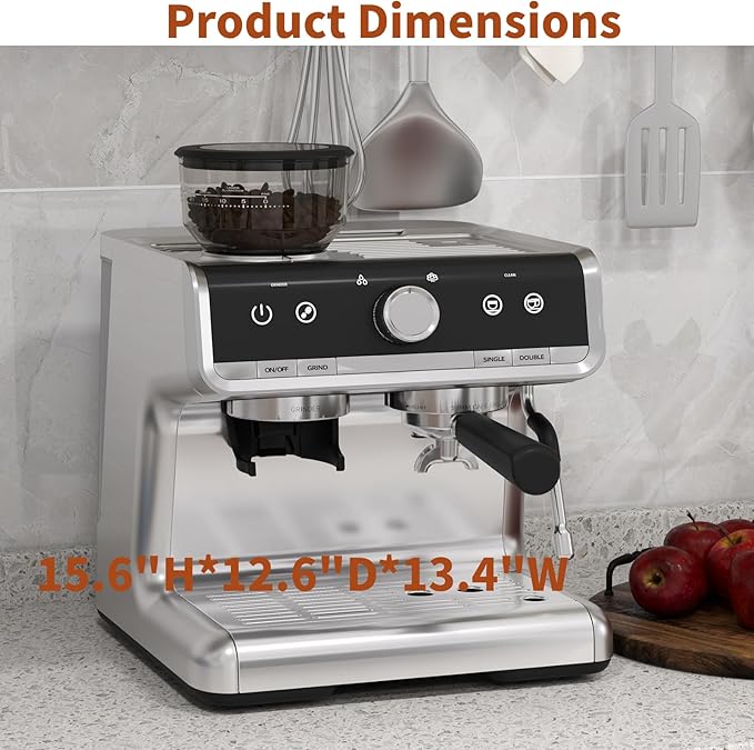 20 Bar Espresso Machine with Grinder, Professional Espresso Coffee Maker with Milk Frother, Brushed Stainless Steel, 1450W 2.8L Water Tank, for Home, Commercial Cappuccino Machines