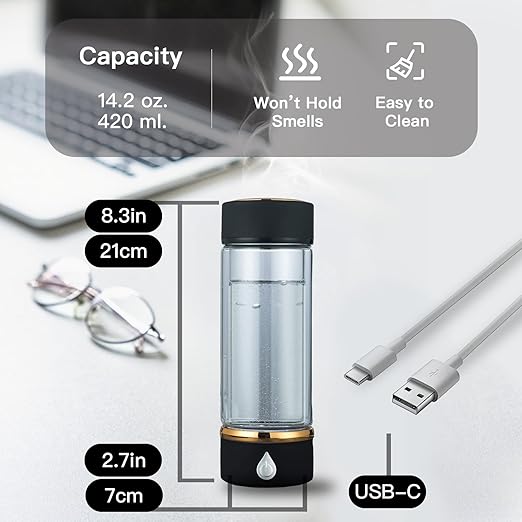 Hydrogen Water Bottle, 3Min Rapid High Content Alkaline Hydrogen Water, USB-C Rechargeable Hydrogen Water Machine, Portable 14OZ, SPE PEM Tech, Travel, Home, Office, Gift for Family & Friends (Black)