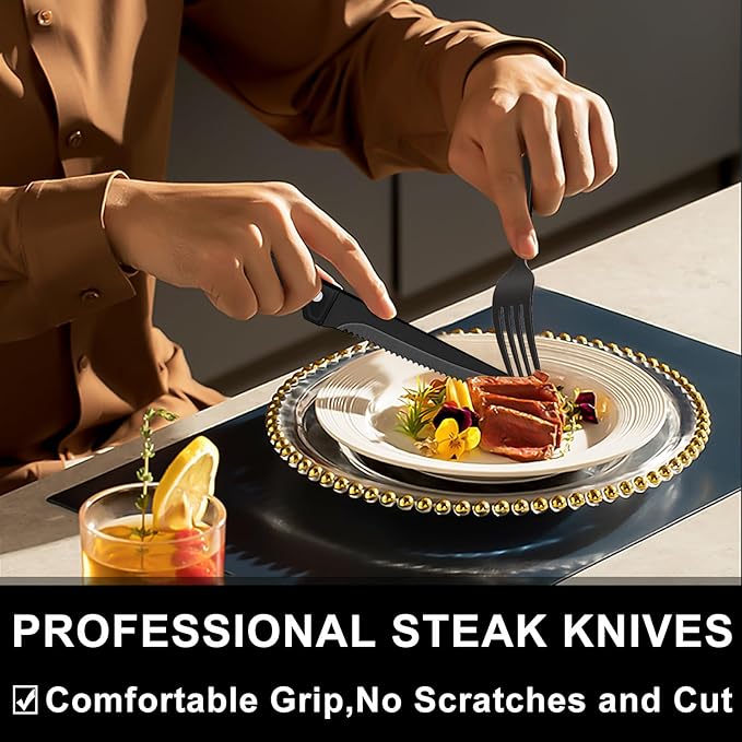 49-Piece Black Silverware Set with Organizer, Heavy Duty Stainless Steel Flatware for 8, Cutlery Utensil Sets with Steak Knives, Rust-proof, Mirror Polished, Dishwasher Safe, Black Heavy Duty