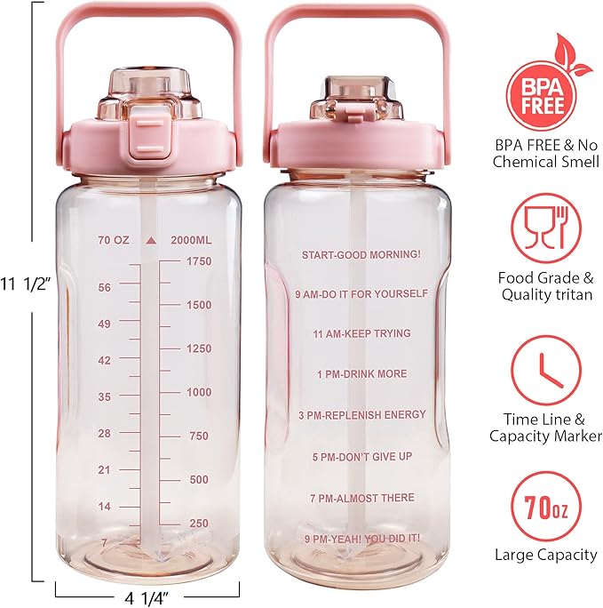 Half Gallon Water Bottle with Sleeve, 64OZ Motivational Water Bottle with Straw & Time Marker, BPA Free Leakproof Large Sports Water Bottle, Reusable Water Jug for Workout Gym Sport