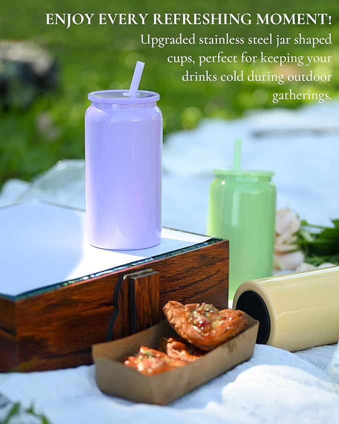 Glass Cups with Lids and Straws, 16oz Stainless Steels Cups, Beer Cups, Iced Coffee Cup, Smoothie Cup, Sublimation Tumbler, Green (Smooth Polished Finish, Sublimatable)