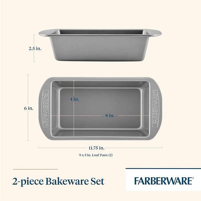 Farberware Bakeware Meatloaf/Nonstick Baking Loaf Pan Set, Two 9-Inch x 5-Inch, Gray