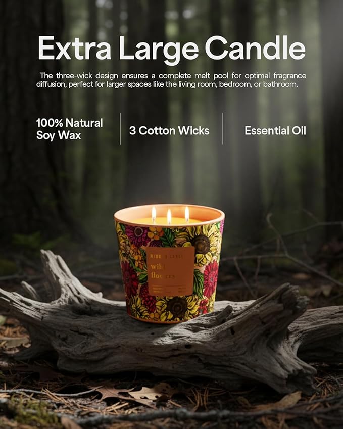 Wild Flowers Scented Candle, 30oz Natural Soy Wax, Large 3 Wicks Luxury Aromatherapy | Natural Candles Non-Toxic | 100+ Hour Clean Burn,Long Lasting Big Candles for Home Decor,Stress Relief,SPA