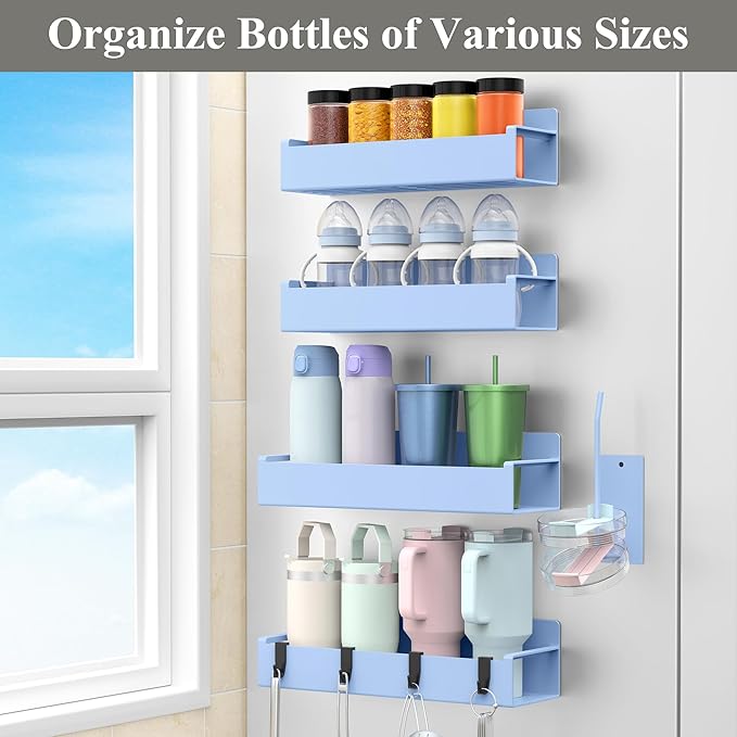 Magnetic Water Bottle Holder for Refrigerator, Cup Holder Organizer for Stanley and Tumbler for Kitchen, 4 Pack, Light Blue