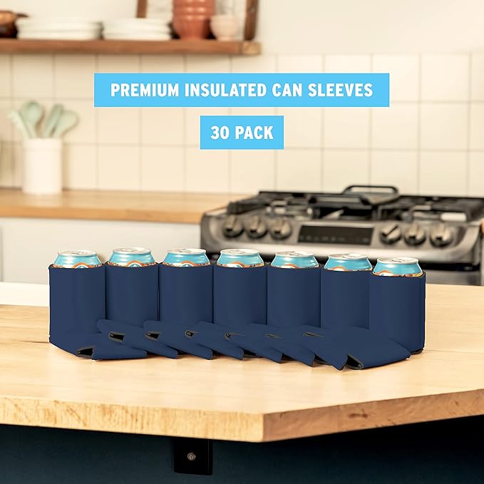 Blank Beer Can Coolers Sleeves (30-Pack) Soft Insulated Beer Can Coolies - HTV Friendly Plain Koolies in Bulk for Beer Cans & Bottles - Coolie Blanks for Vinyl Projects & Wedding Favors (Navy Blue)