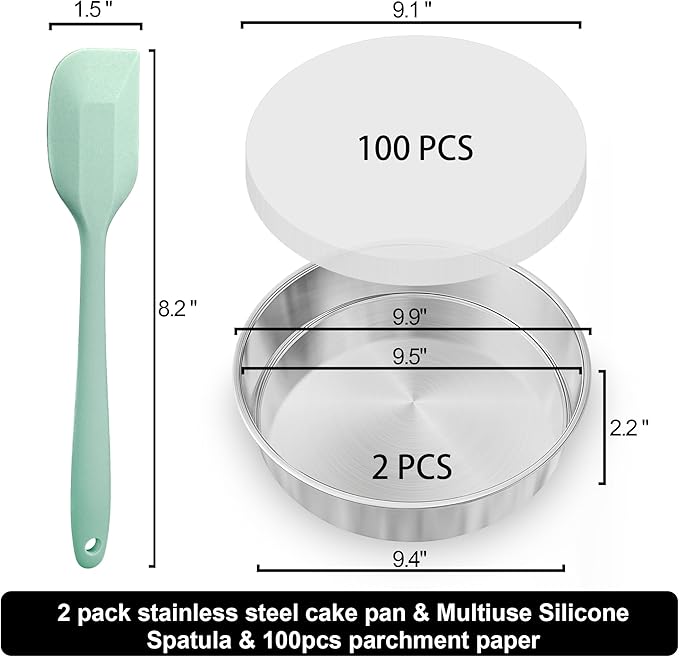 9½ Inch Cake Pan Set of 2, Nonstick Circle Stainless Steel Round Layer Cake Baking Pans Tins with 100PCS Parchment Paper for Birthday Christmas, Healthy & Non-Toxic, Silicone Spatula & Dishwasher Safe