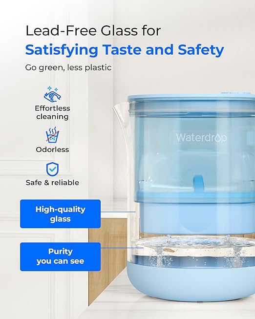 Waterdrop PT-72B-A Glass Alkaline Water Filter Pitcher, 7-Cup, Eco-Friendly, Enhances Alkaline Water, for Home & Office, Reduces PFOA/PFOS, Chlorine, Cadmium, Copper & Mercury, Blue