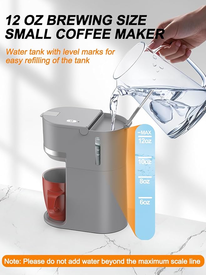 Single Serve Coffee Maker for K-Cup and Ground Coffee, Fast Brew, 6-12 oz Brew Sizes One Cup Coffee Machine Fits 5.5" Mugs, One-Button Small Coffee Maker with Descaling Reminder,Grey
