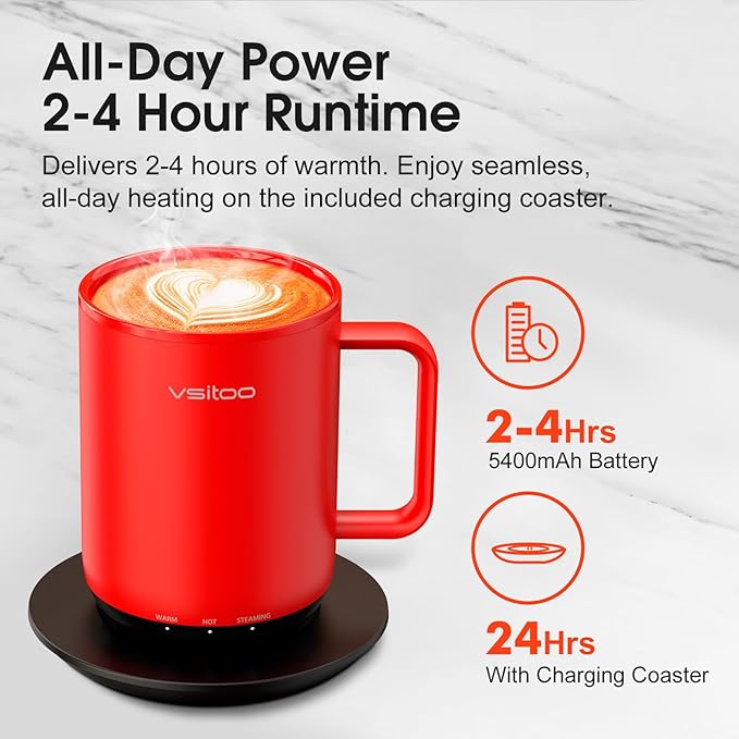 Vsitoo S3 Plus 14oz Heated Coffee Mug - Temperature Control Smart Mug with Mug Warmer, Auto-Sensing AI Heats Drinks to 120-150°F Hands-Free.Ideal for Home/Office/Gifts，Red