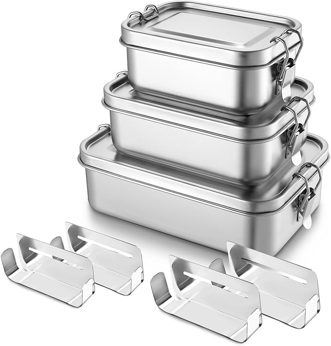TeamFar Stainless Steel Bento Box, 3 Pack (16, 28 & 47oz) Metal Lunch Box with 3 Compartments for Adults Kids, Lunch Food Containers for School/Work/Meal Prep, Leak-Proof, 550ML+850ml+1400ML