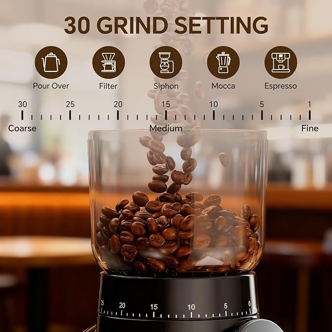 Electric Coffee Grinder, Burr Coffee Beans Grinder with 30 Grinding Settings, Burr Mill Grinder for Home Use, Touchscreen Adjustable 2-10 Cups or 40-Second Timer, Stainless Steel