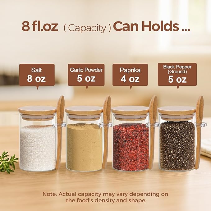 ComSaf Spice Jars with Spoon 8 oz 6Pack, Small Spice Containers Starter Set, Glass Seasoning Jars with Labels, Round Seasoning Containers for Salt, Pepper, Chili Powder, Sugar, Loose Tea Storage