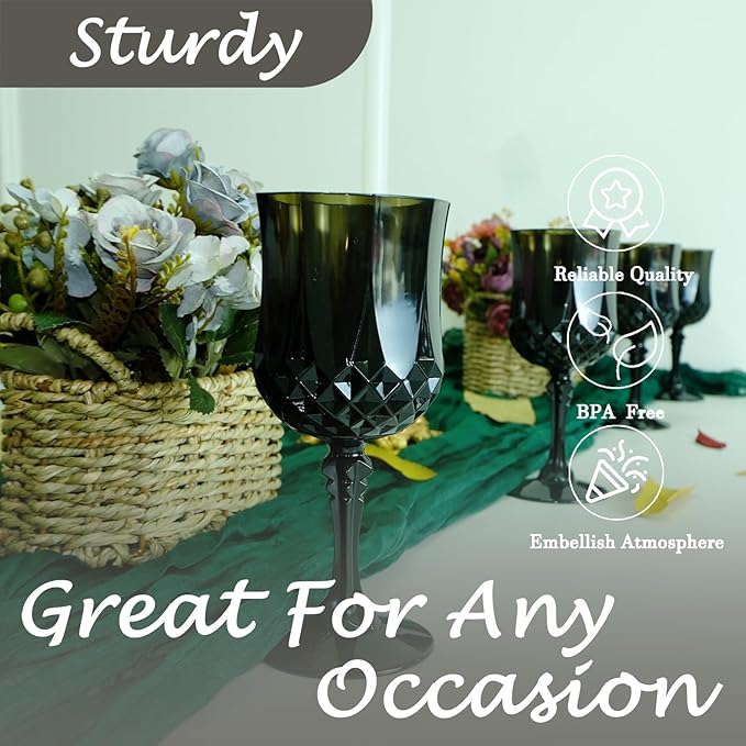 Plastic Wine Glasses, Plastic Goblets Vintage Style Cordial Unbreakable Drinking Glasses, Reusable Drinkware for Wedding Reception, Grand Event Party Supplies (24, Black)