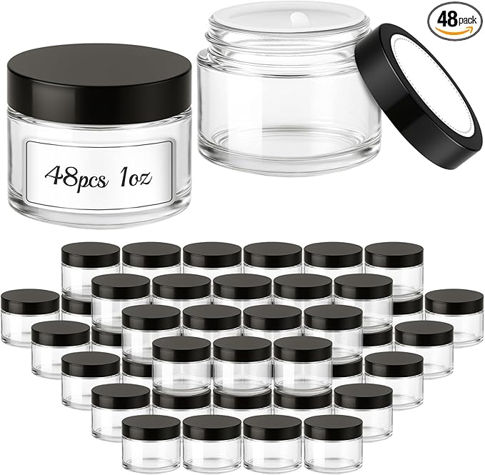 1 oz Small Glass Jars, Bumobum 48 pack Empty Round Clear Jars with Black Lids, White Labels & Inner Liners, Mini Cosmetic Containers for Cream, Lotion
