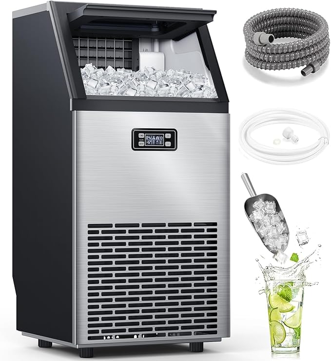 Electactic Commercial Ice Maker Machine,100lbs/24H Stainless Steel Ice Machine,33lbs Storage, Auto Self-Cleaning Freestanding Ice Maker, Ice Machine Freestanding for Bar/Cafe/Restaurant-Dark Silver