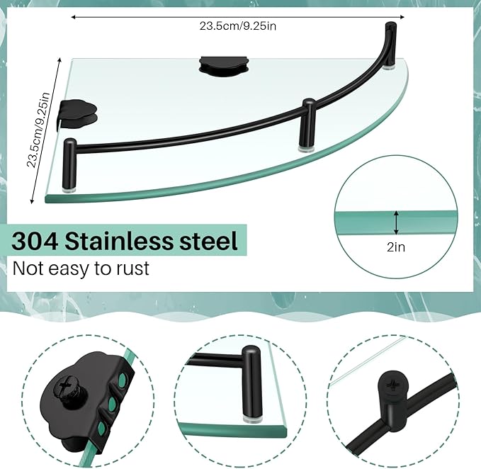 Crowye 4 Pcs Corner Shower Shelf 2-tier Glass Corner Shelf Stainless Steel Wall Mounted Bathroom Organizer for Storing Shower Gel Shampoo Brush, 9.25 Inches (Black)
