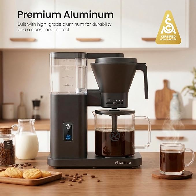 Kismile SCA-Certified 8 Cup Drip Coffee Maker, Pour Over Coffee Machine with 3s Instant Heat 197–205℉, Adjustable Flow Control, Removable Water Tank, Deep Cold Brew & 40 Min Keep Warm