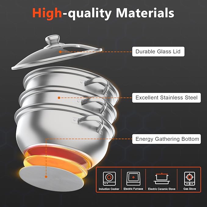 3-Tier Food Steamer Pot for Cooking - 12.8in Stainless Steel Steamer w/Lid Cookware For Vegetable,Dumpling, Crab, Stock