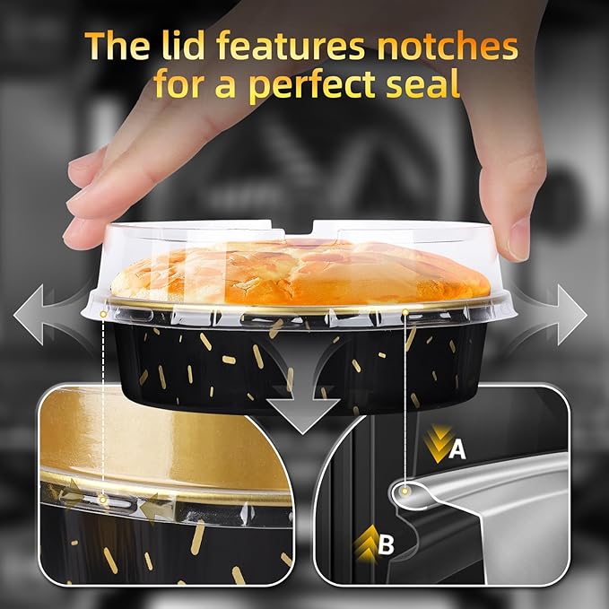 Beasea Pie Tins with Lids 8oz, 120 Pack 4 Inch Disposable Mini Creme Brulee Ramekins Gold Black Small Aluminum Foil Pie Tart Cake Baking Pans Individual Round Containers Oven Safe for Baking