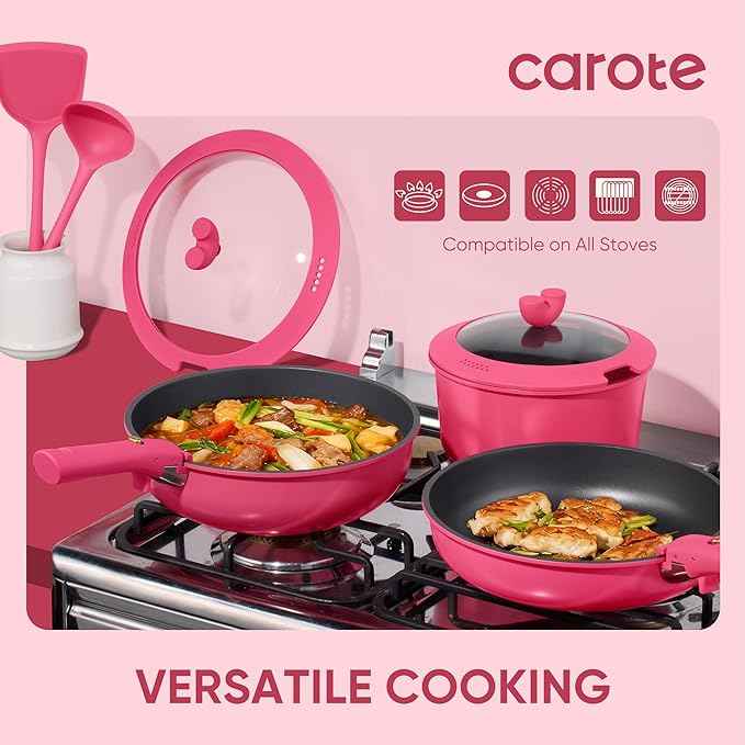 CAROTE 15pcs Pots and Pans Set Non Stick, Cookware Set Non Toxic with Detachable Handle, Induction Kitchen Cooking Set, Dishwasher/Oven Safe, RV/Camping Cookware