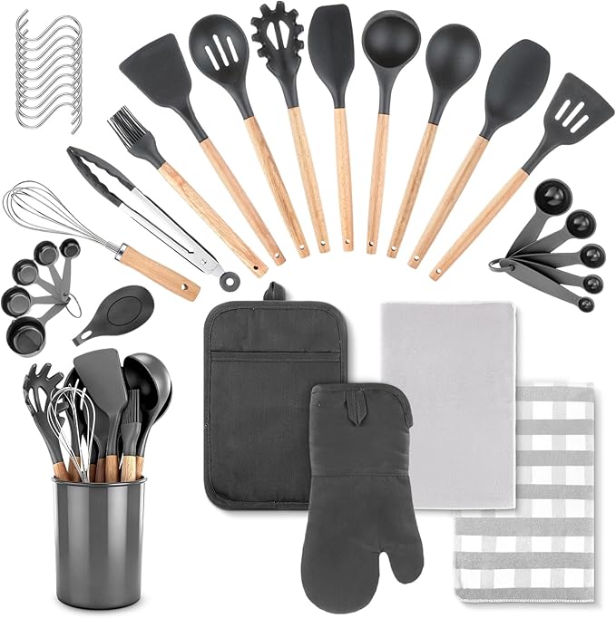 37 Pcs Oven Mitts and Pot Holders with Silicone Kitchen Utensils Set Silicone Cooking Utensils Set with Holder, Kitchen Towels, Heat Resistant Gloves for Christmas Baking Cooking(Dark Gray)