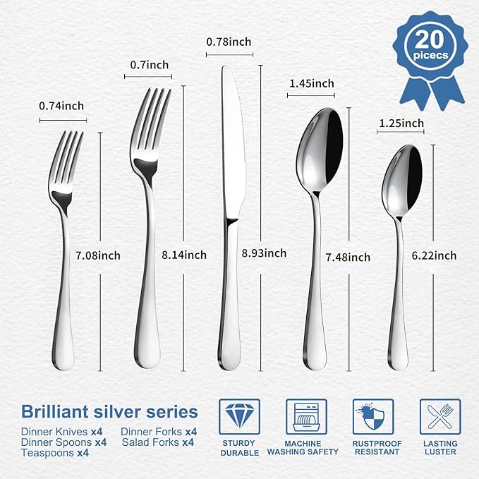 BEWOS Silverware Set for 4-20 Piece Stainless Steel Flatware Set with Spoons, Forks, Knives, Heavy Duty Mirror Polished Flatware for Home, Kitchen, Restaurant, Dishwasher Safe