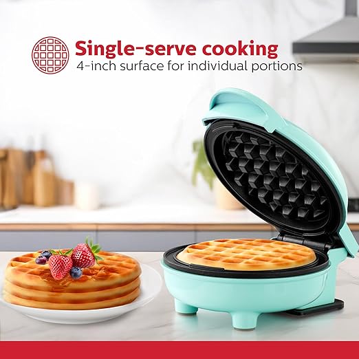 Holstein Housewares Personal/Mini Waffle Maker, Non-Stick Coating, Mint - 4-inch Waffles in Minutes, Ideal for Breakfast, Brunch, Lunch or Snacks