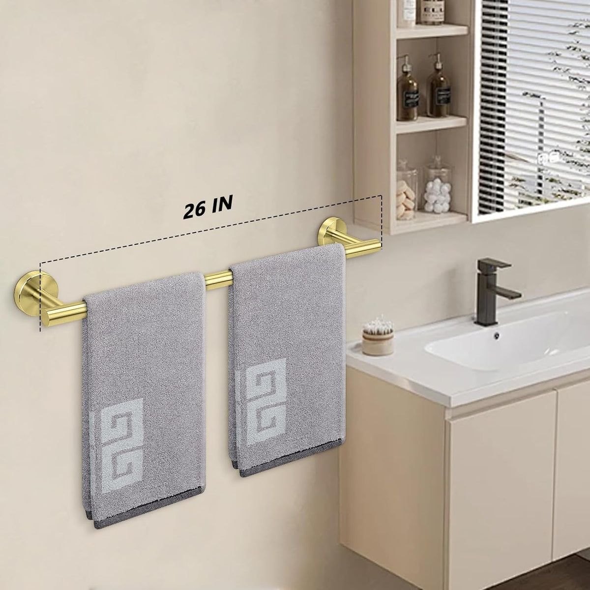 NearMoon Bath Towel Bar, Bath Accessories Thicken Stainless Steel Shower Towel Rack for Bathroom, Towel Holder Wall Mounted (1 Pack, Brushed Gold, 26 Inch)