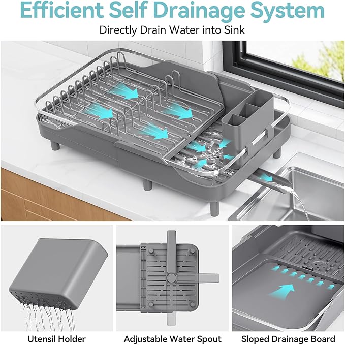 Urackify Expandable Dish Rack for Kitchen Counter, 16.14"-23.62" Large Stainless Steel Dish Drying Rack with Adjustable Water Spout, Space Saving Dish Drainer with Auto Draining Cutlery Holder,Grey