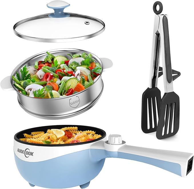 Audecook Hot Pot Electric, 1.7L Mini Electric Skillet Portable Nonstick Sauté Pan with Power Adjustment, Ramen Cooker Travel Multicooker for Steak/Soup/Egg/Oatmeal/Noodles