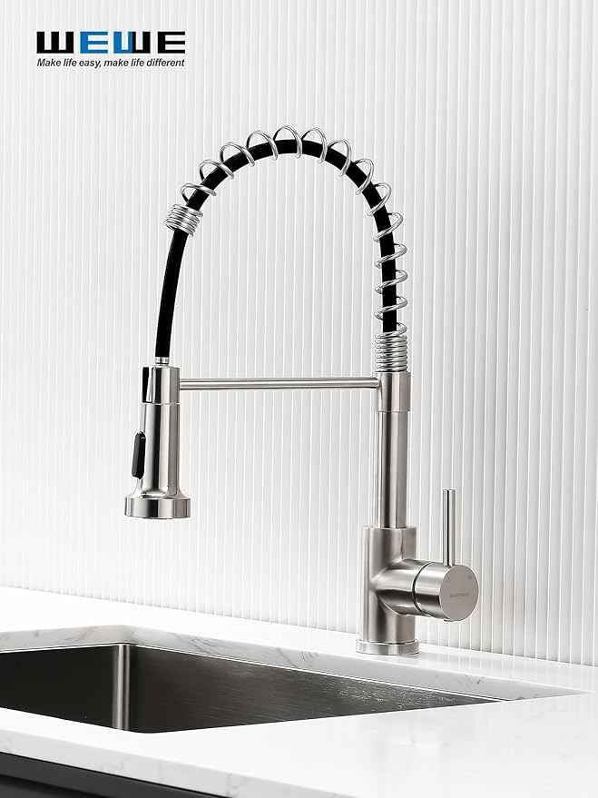 WEWE Kitchen Sink Faucet, Kitchen Faucets with Pull Down Sprayer Stainless Steel Single Handle Single Hole Brushed Nickel Commercial Industrial Spring Pull Out Laundry Farmhouse Kitchen Faucet