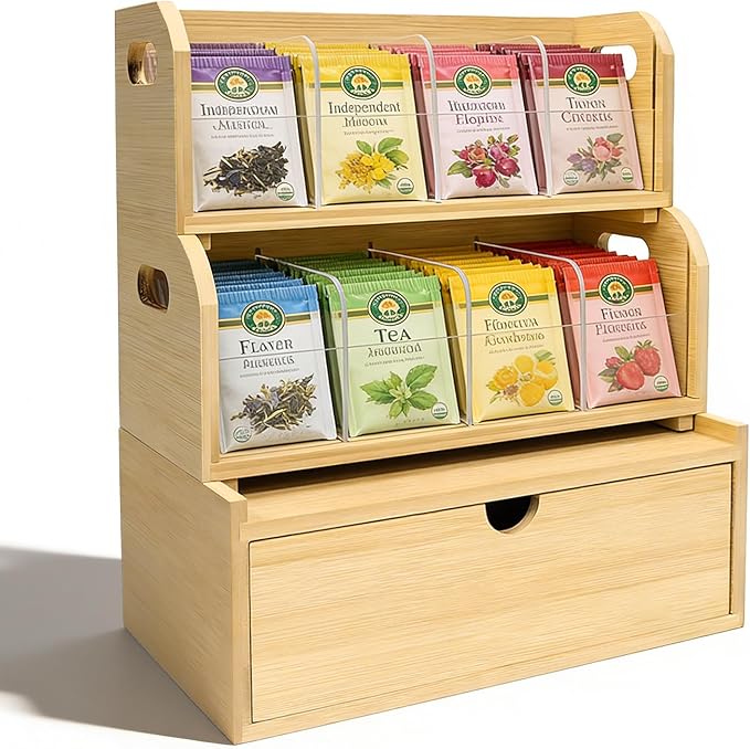 3-Layer Stackable Bamboo Tea Bag Organizer with Drawer, No-Tool Assembly Tea Organizers and Storage Holder for Countertop, Cabinet, Office, Kitchen, Pantry