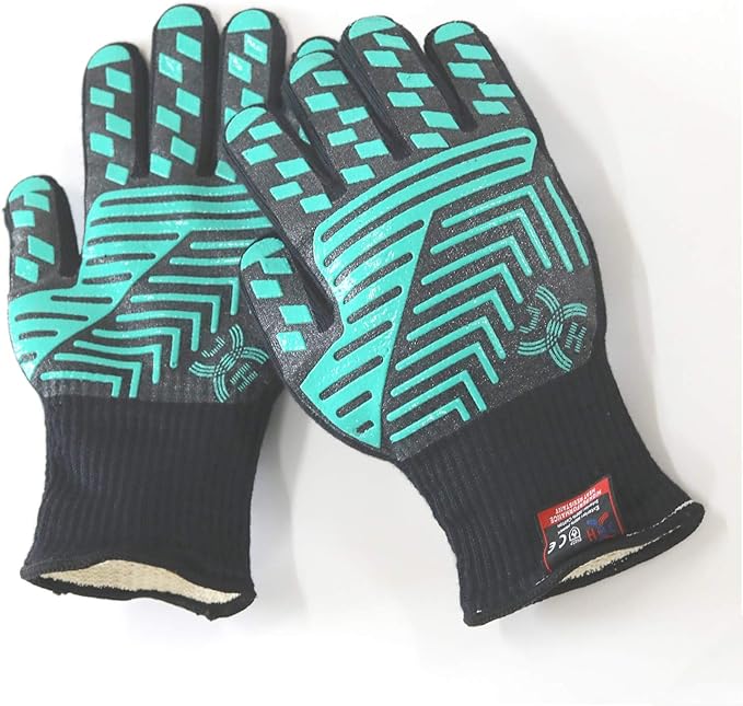 J H Heat Resistant Oven Glove:EN407 Certified 932 °F, 2 Layers Silicone Coating, Oven Mitts for Cooking, Kitchen, Fireplace,Camping, Grilling (Black/Green, Regular Cuff)