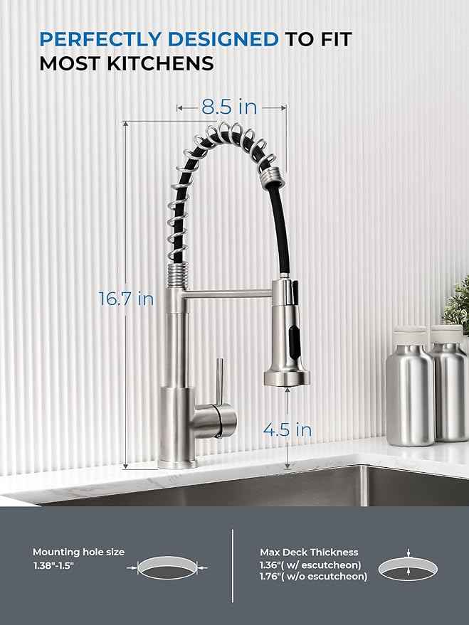 WEWE Kitchen Sink Faucet, Kitchen Faucets with Pull Down Sprayer Stainless Steel Single Handle Single Hole Brushed Nickel Commercial Industrial Spring Pull Out Laundry Farmhouse Kitchen Faucet