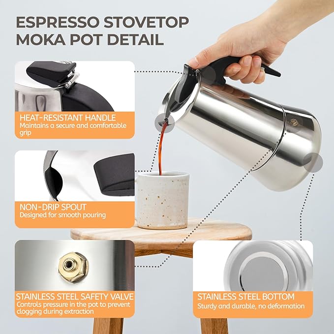12 Cup 600ml Moka Pot Stainless Steel Espresso Coffee Maker Stovetop Coffeemaker Italian Classic Style Brewing Greca Cafe Mocha Machine for Cafeteras Lover Camping Travel and Home Use 20oz