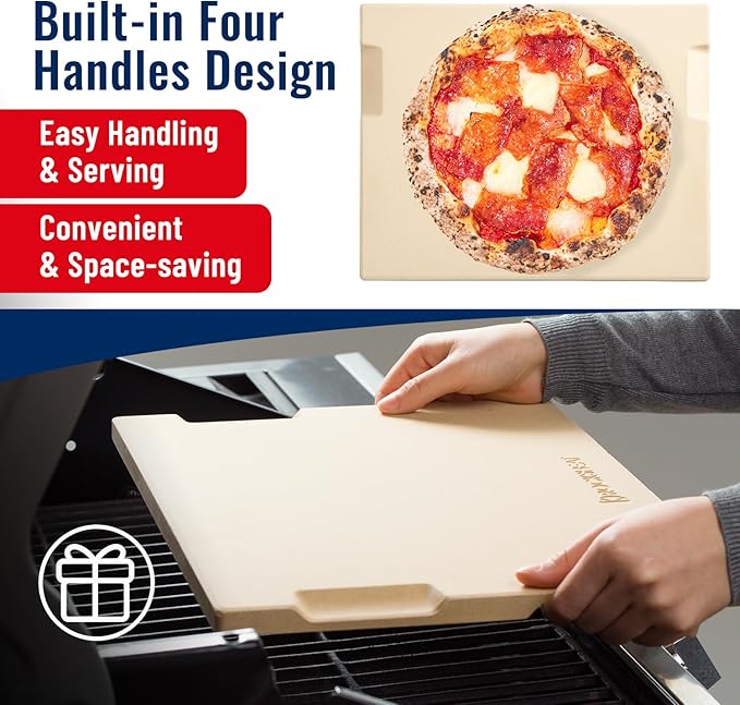 Pizza Stone, 12"x12" Square Pizza Stone for Oven Grill BBQ, Cordierite Baking Stone for Bread & Pie, Unique Built-in 4 Handles Cooking Stone