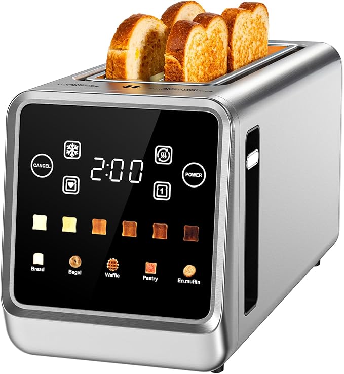 Digital 4 Slice Toaster with LED Touchscreen Long Slot Stainless Steel Toaster for Family, Wide Slots for Thick Bread & Bagels, 6 Shade Settings, Defrost, Reheat, Memory & Single-Slice Modes