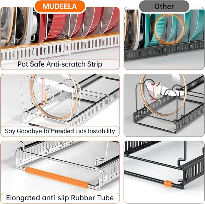 MUDEELA Pot Rack - Expandable Pots and Pans Organizer under Cabinet, Pot Lid Organizer Holder with 12 Adjustable Compartment, Kitchen Cabinet Organizer and Storage for Cutting Board, Skillets Pan