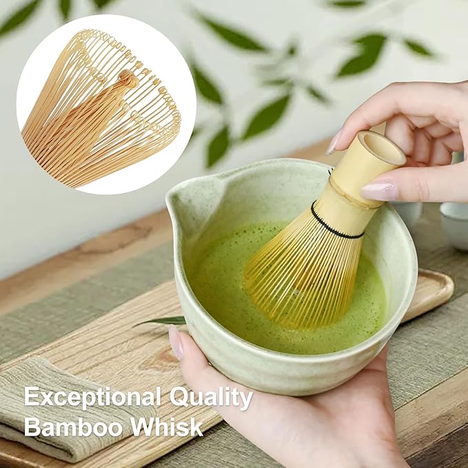 Green Matcha Whisk Making Set - Japanese Tea Kit with Whisk Bowl and Bamboo Scoop Ceramic Chawan with Spout for Traditional Tea Ceremony Complete Matcha Making Tools Gift for Tea Lovers (Green, 5 PCS)